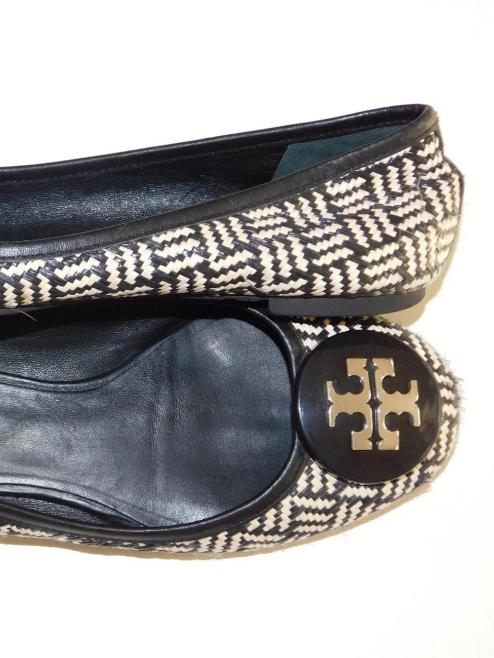 Tory Burch Black and Cream Woven Logo Ballet Flats
